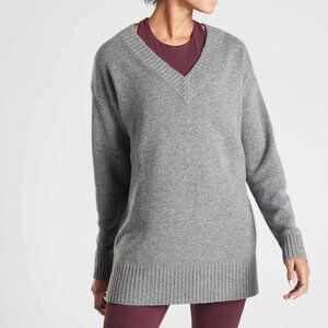 Athleta Gray Wool Cashmere V Neck Oversize Pullover Tunic Sweater Womens Small